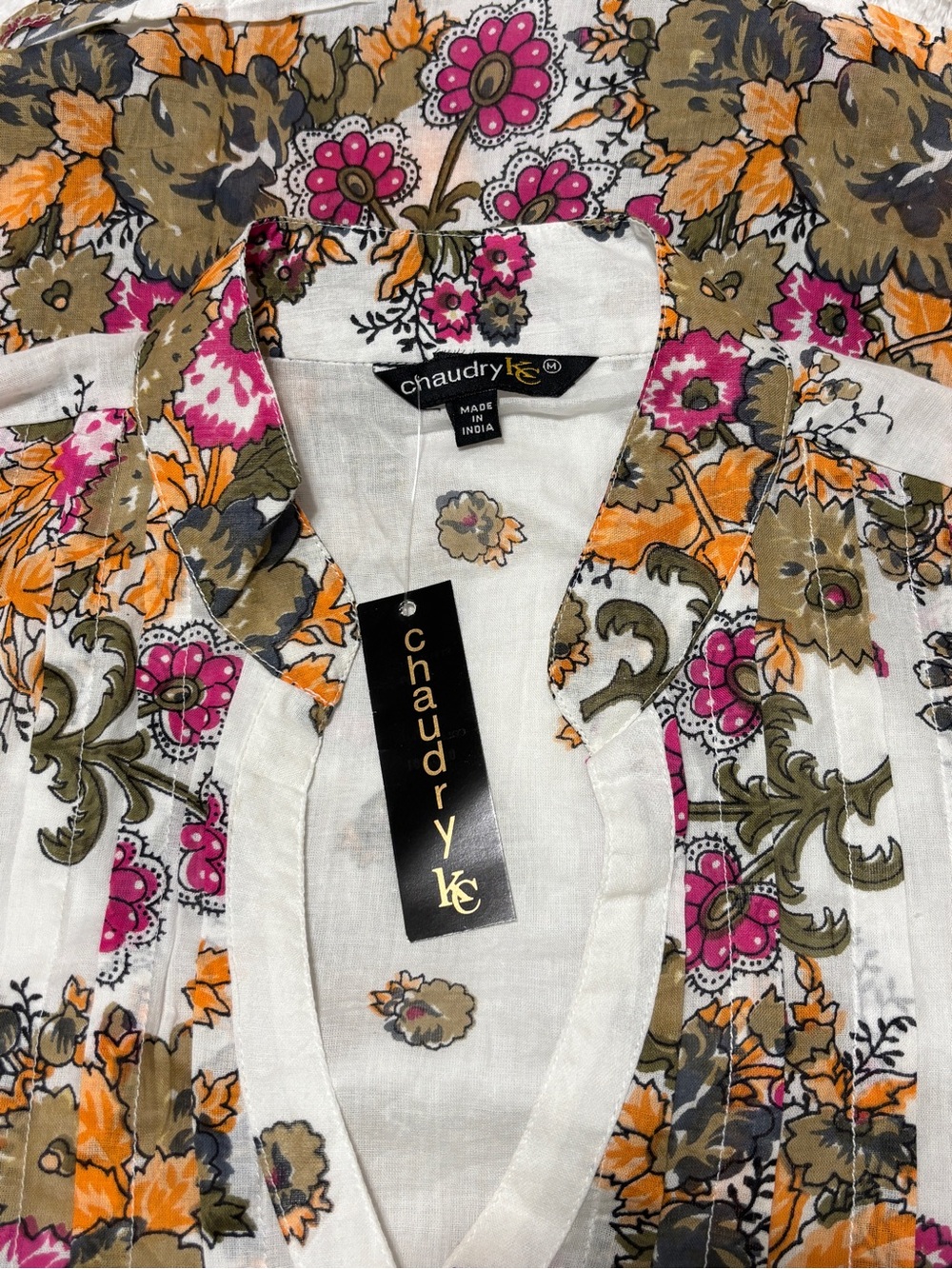 Chaudhry White Floral V-Neck Linen Blouse with Pink & Orange Print